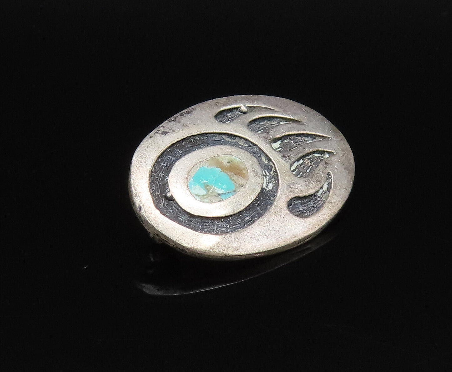 SOUTHWESTERN 925 Silver Vintage Inlaid Turquoise Bear Paw Brooch Pin BP9753