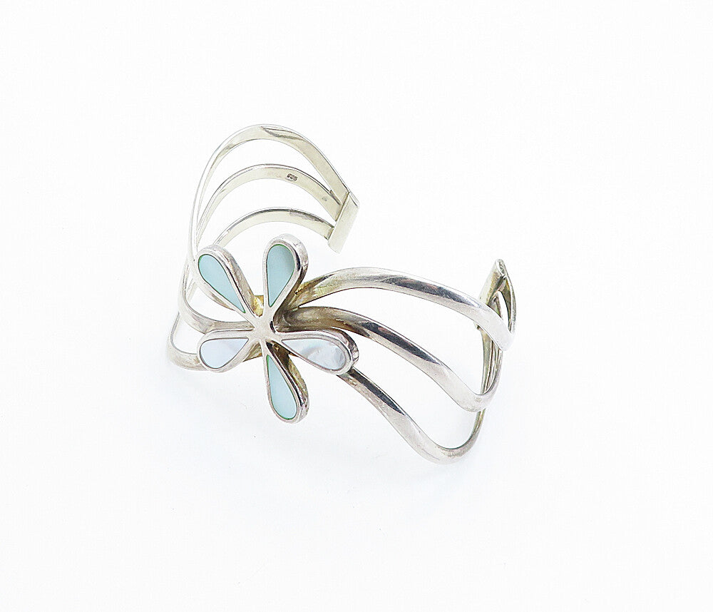 925 Sterling Silver  Vintage Mother Of Pearl Flower Split Cuff Bracelet BT2258