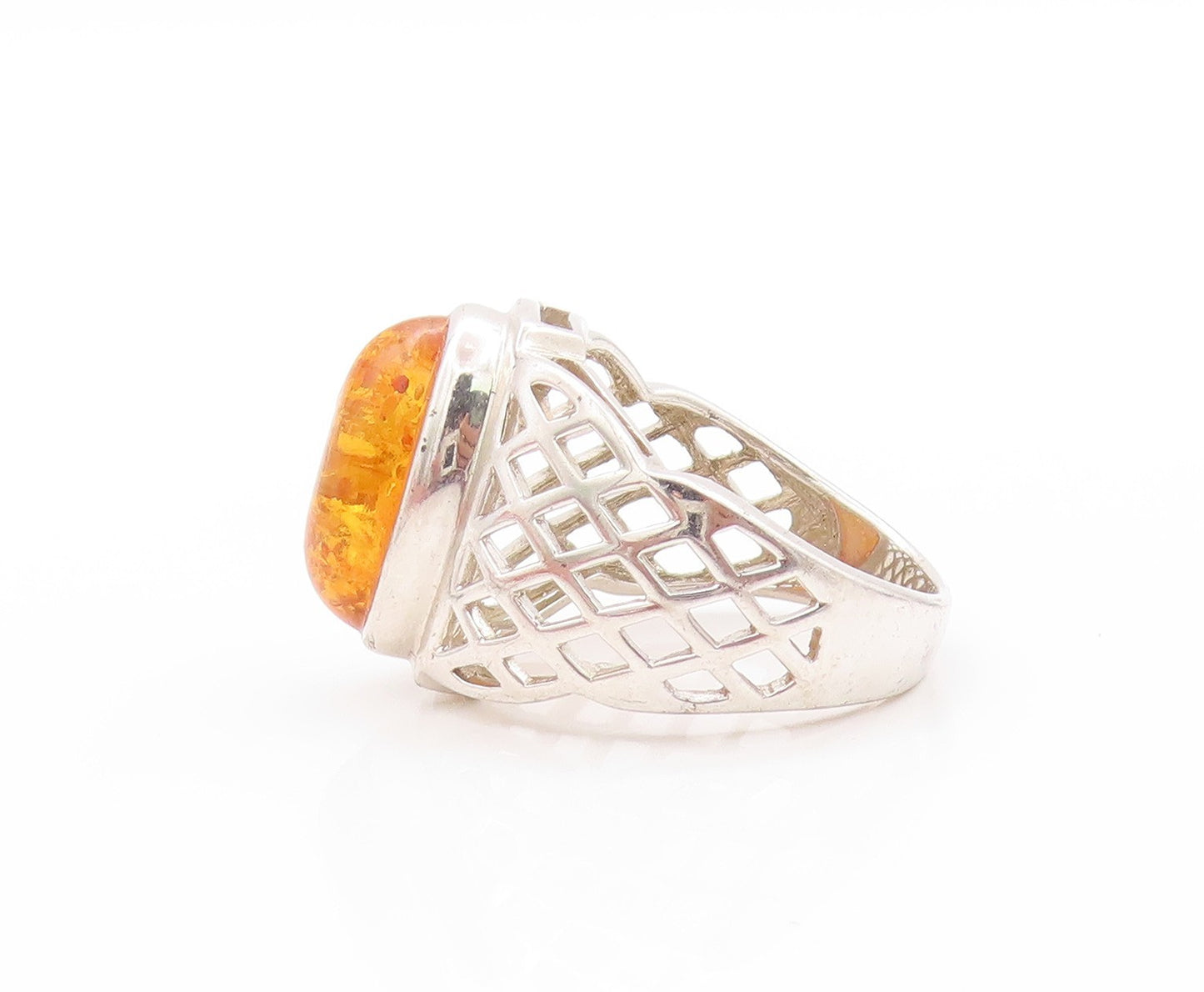 925 Sterling Silver Vintage Ring Net Design Cut Band Honey Amber  Sz 10  RG32698