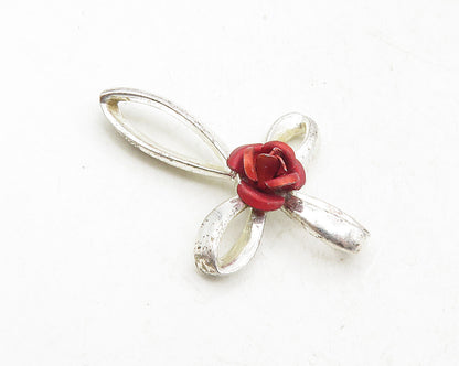 925 Sterling Silver  Petite Shiny Rose Flower Religious Cross Pendant  PT7843