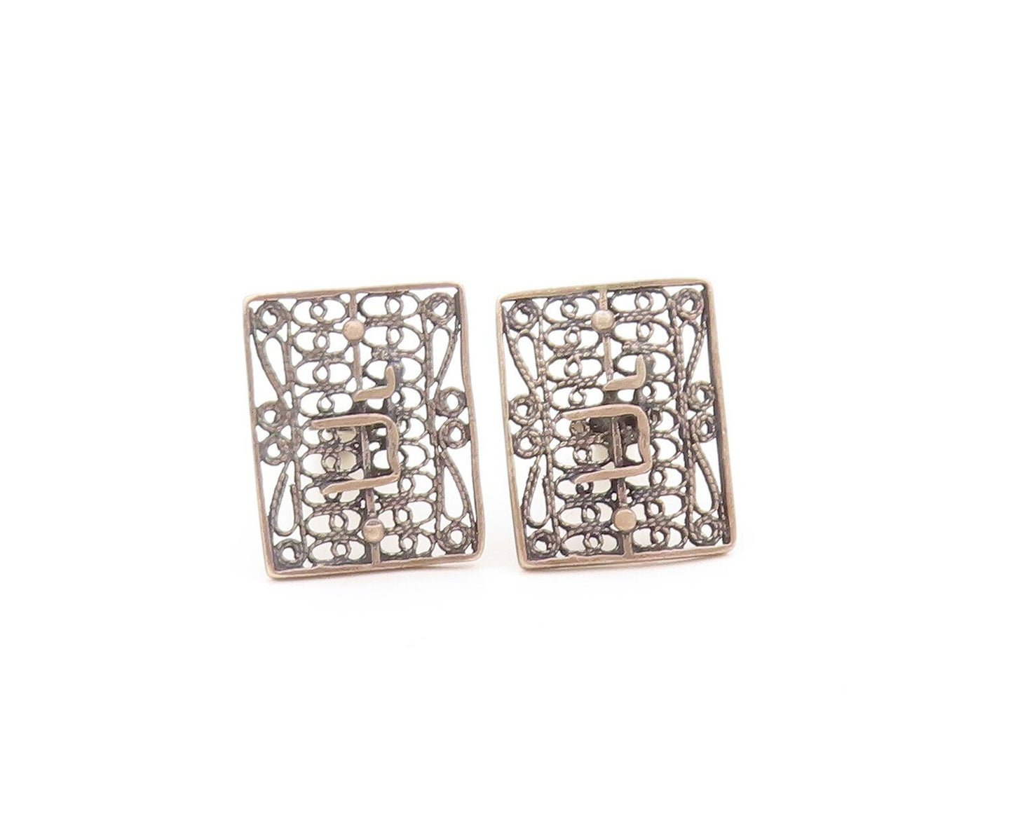 925 Sterling Silver Vintage Cuff Links Cutout Twisted Roped Chai Carved  TR3797
