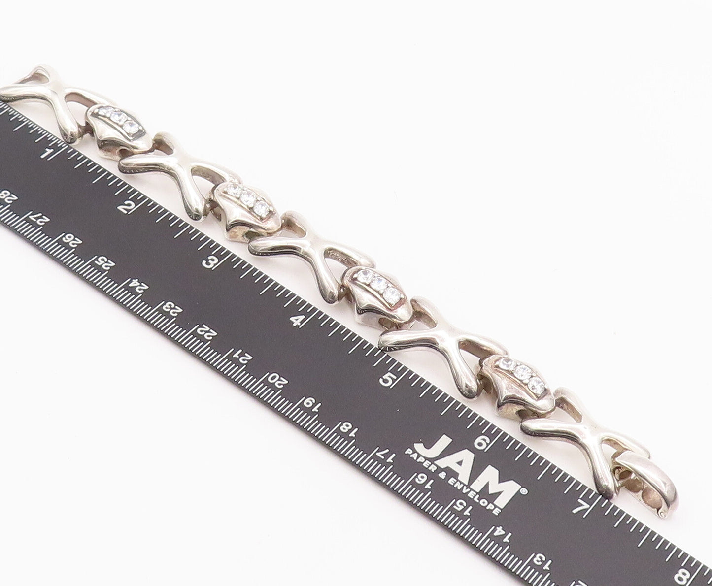 925 Sterling Silver Vintage Bracelet Puffed Topaz Row & 'X' Linked  BT10211
