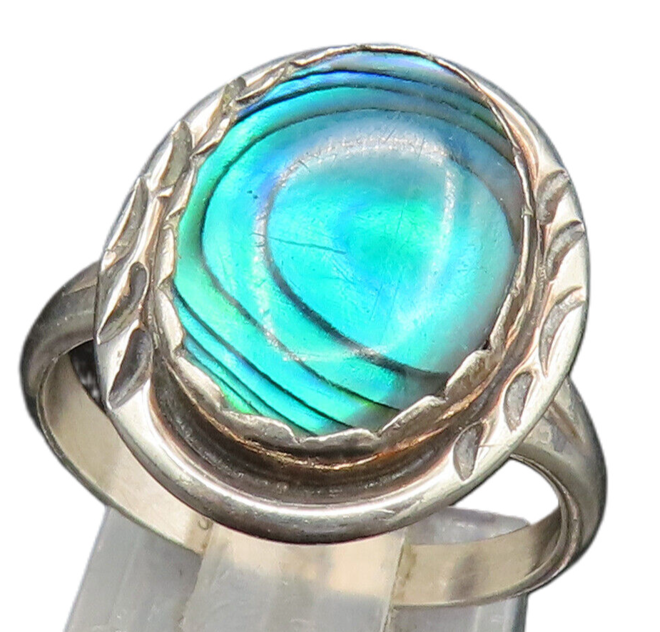 SOUTHWESTERN 925 Silver Vintage Etched Inlaid Oval Abalone Ring Sz 7 RG24892