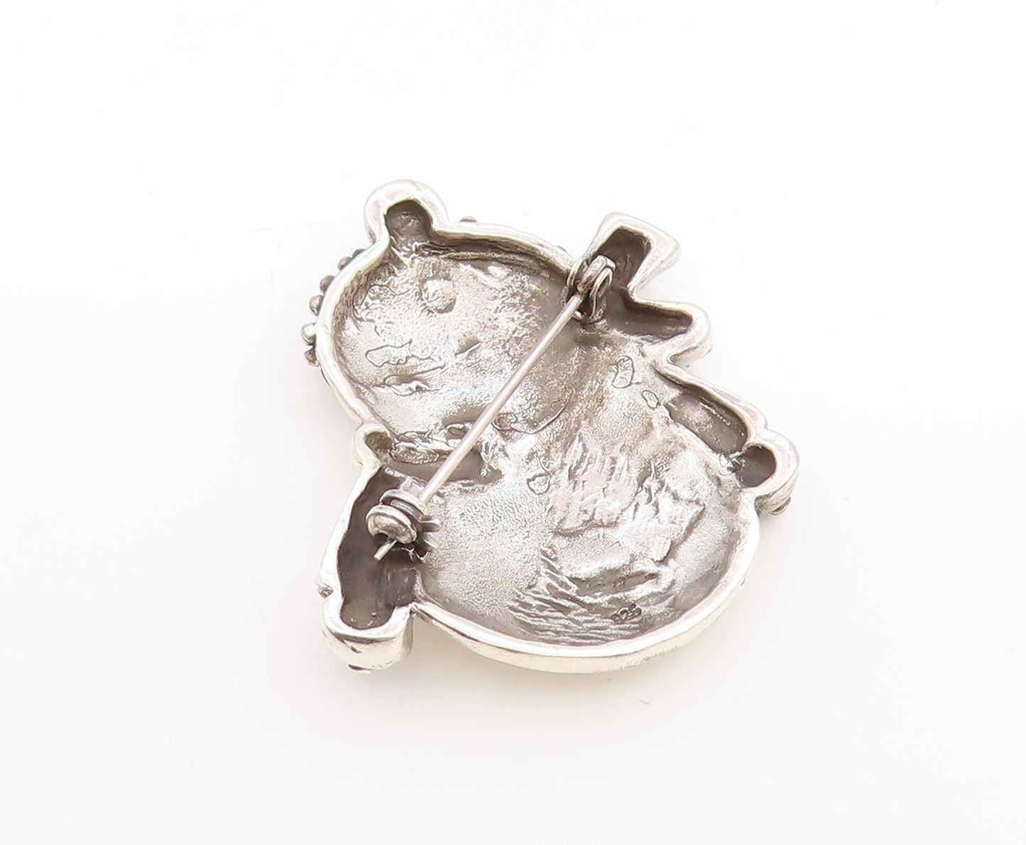 925 Sterling Silver Vintage Brooch Puffed Happy Snow Man Carved  BP11744