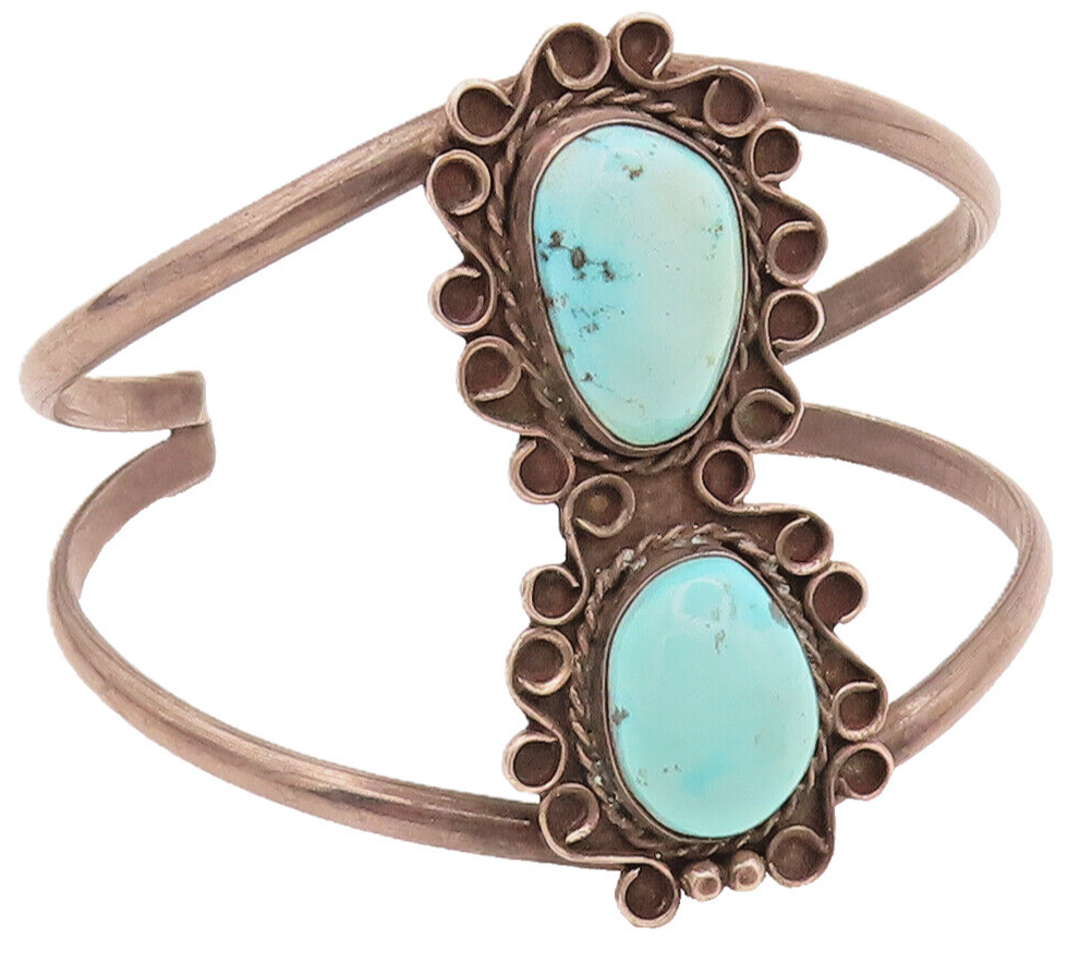 925 Silver Vintage Southwestern 2 Turquoise Halo Swirly Bracelet BT10054