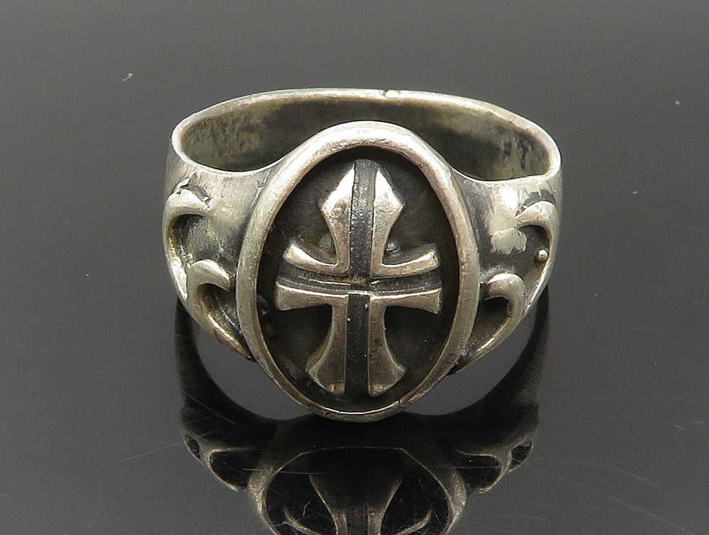 925 Silver Vintage Dark Tone Religious Cross Signet Ring  Sz 13  RG24179