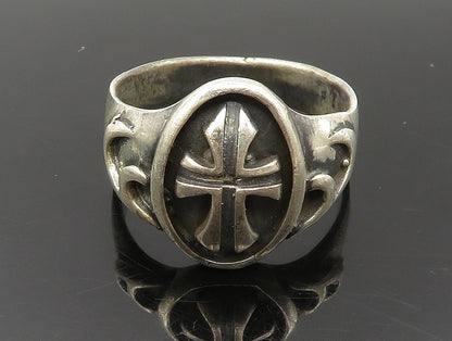 925 Silver Vintage Dark Tone Religious Cross Signet Ring  Sz 13  RG24179