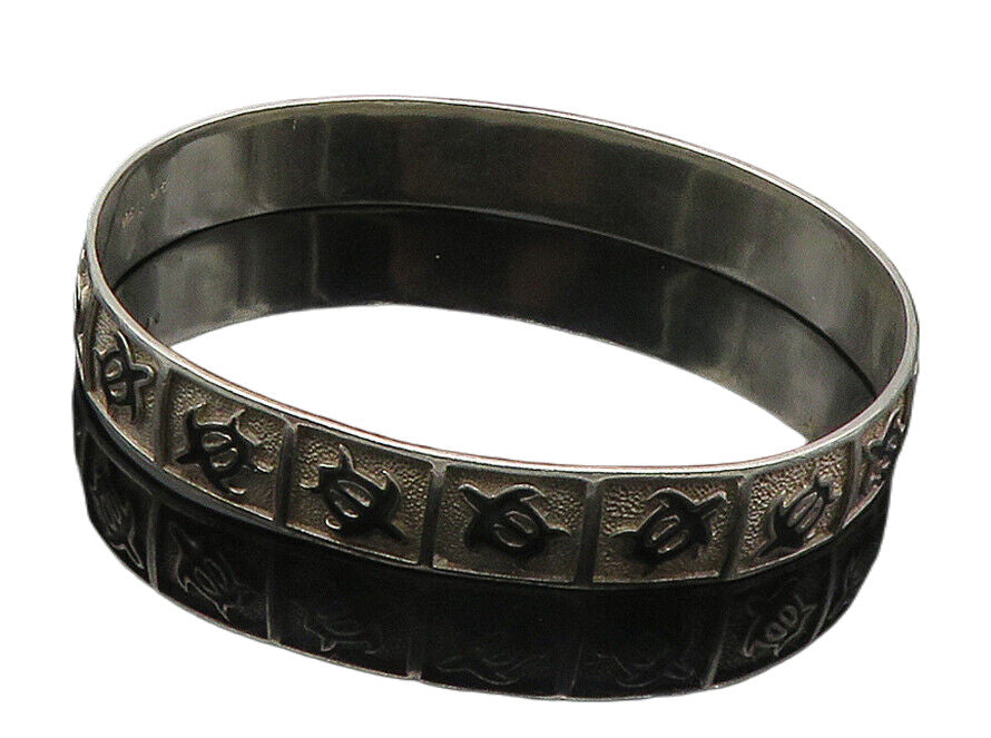 925 Sterling Silver  Vintage Black Onyx Turtle Motif Bangle Bracelet  BT6488