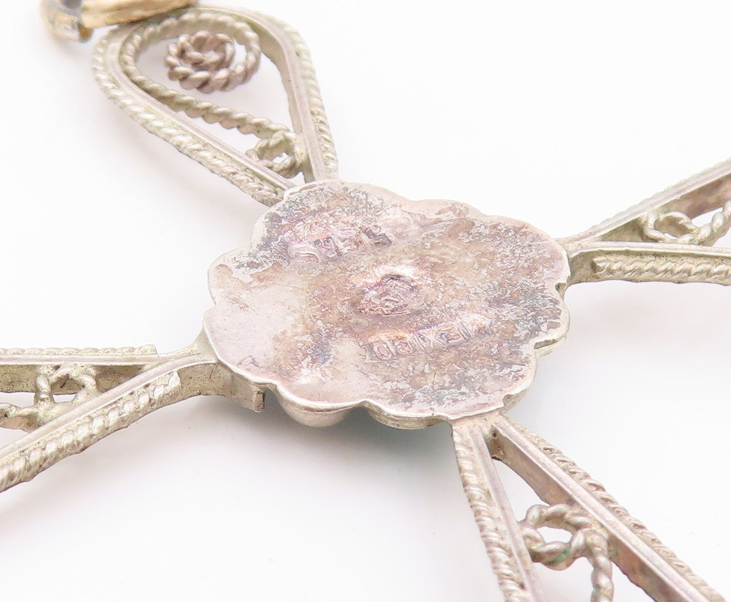 925 Sterling Silver Vintage Pendant Designer Wirework Turquoise Cross  PT24097