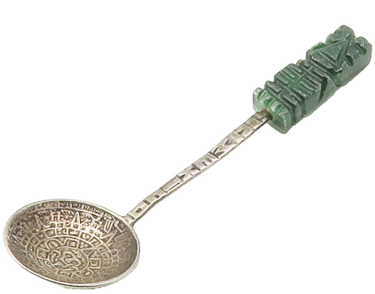 MEXICO 925 Sterling Silver  Vintage Carved Jade Statue Decorative Spoon TR2309