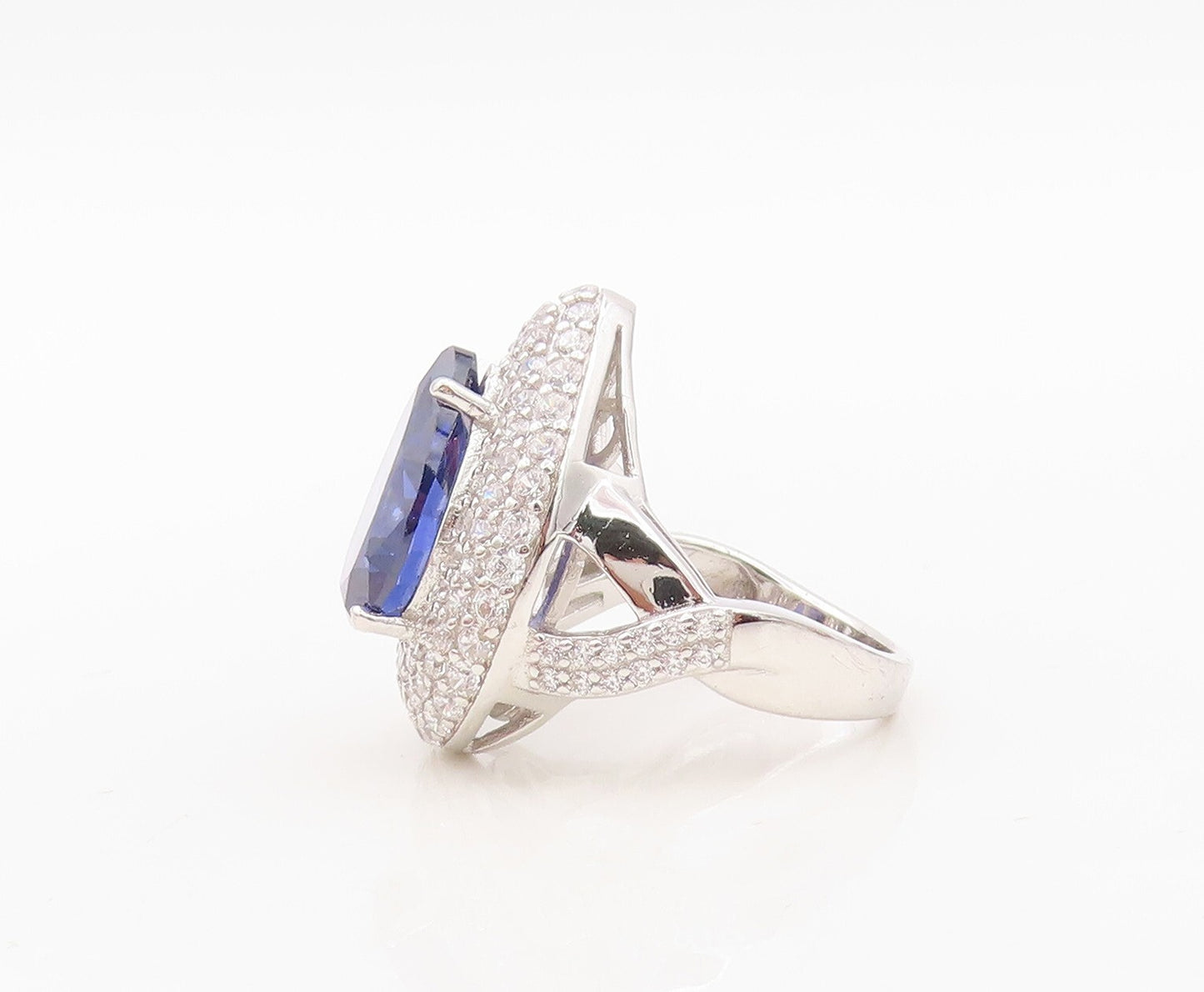 925 Sterling Silver Vintage Ring Drop Cut Sapphire Halo CZ Inlay  Sz 7  RG30509