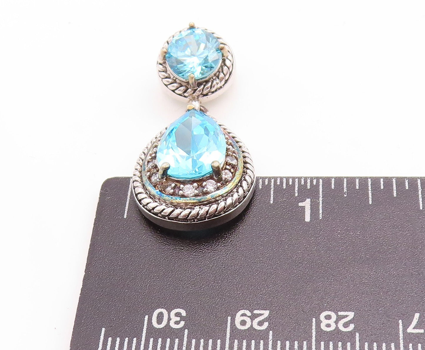 925 Sterling Silver Vintage Pendant Drop & Round Cut Blue & White Topaz  PT23767