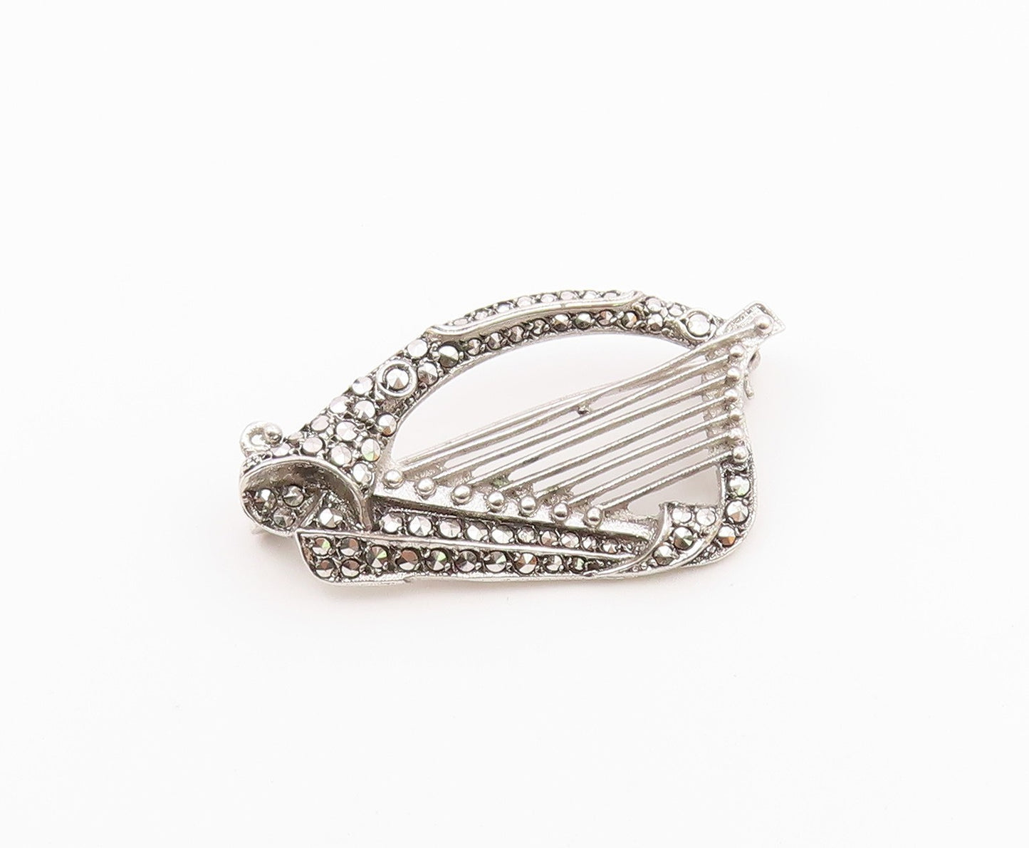 925 Sterling Silver  Vintage Sparkling Harm Instrument Brooch Pin  BP8359
