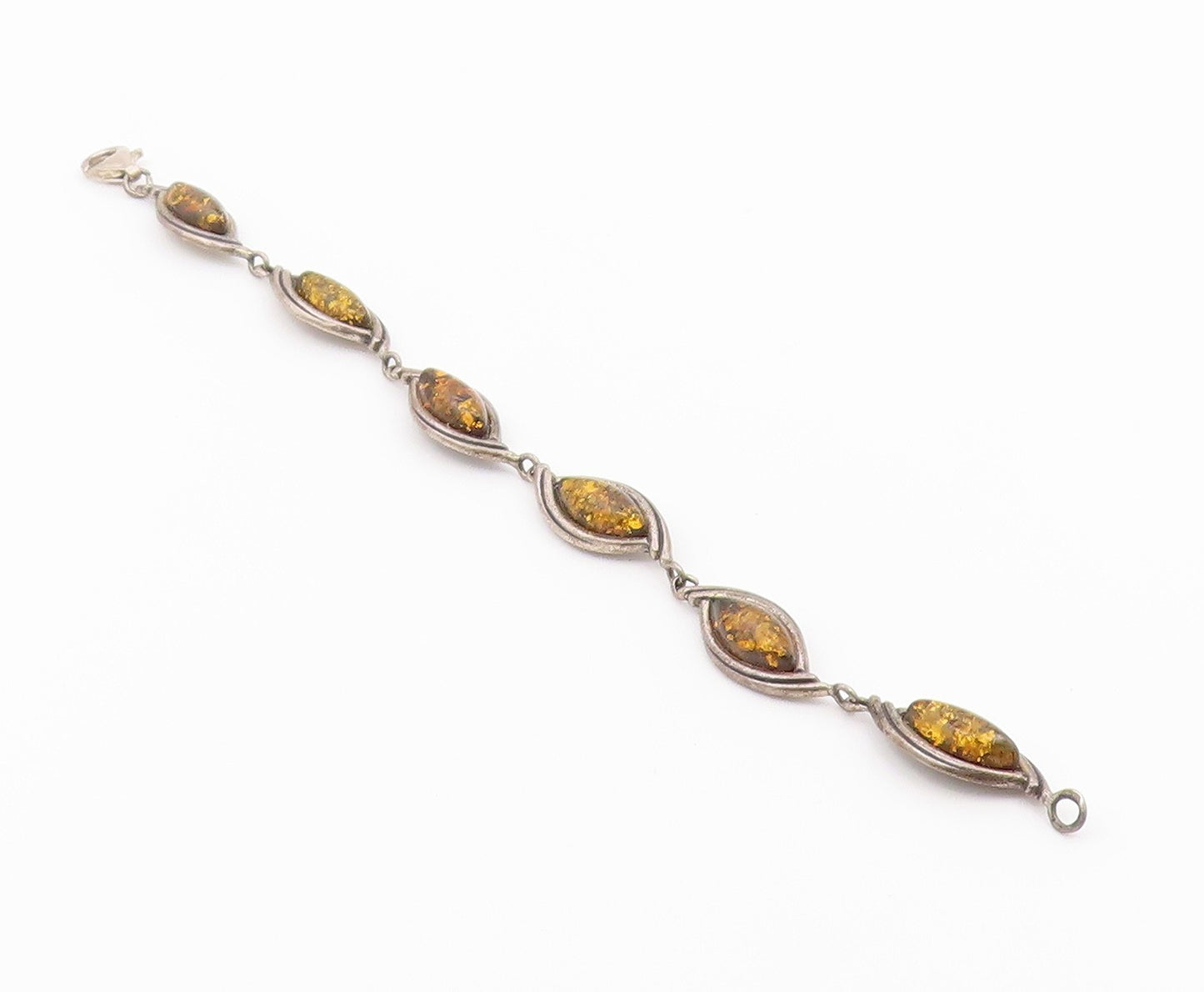 925 Sterling Silver Vintage Bracelet Green Baltic Amber Marquise Link  BT12178