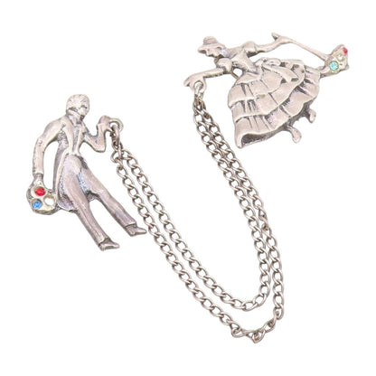 925 Sterling Silver Vintage Tie Pin Chained Dancing Carved CZ Couple  TR3865