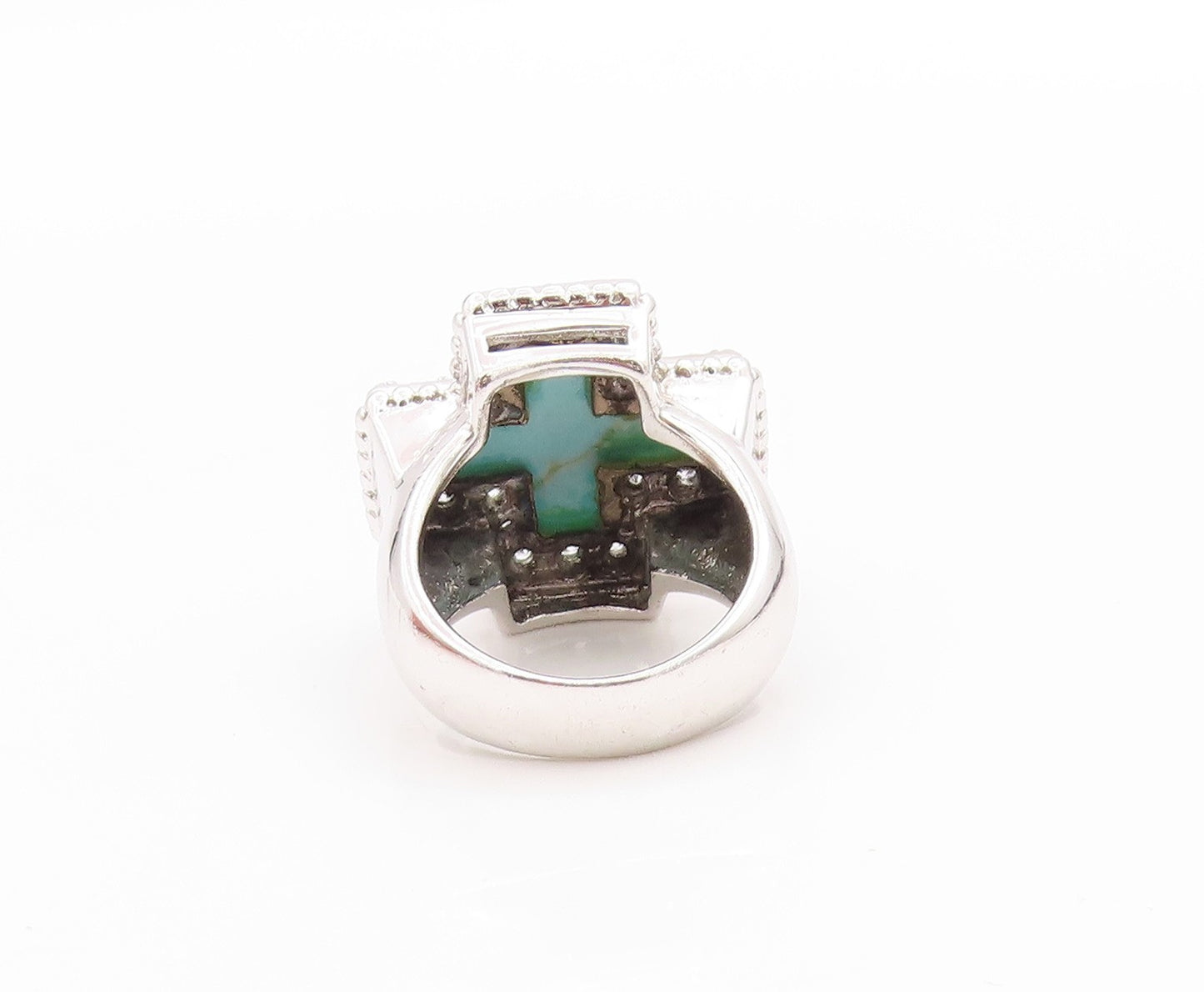 925 Sterling Silver Vintage Ring Turquoise & CZ Inlay Solid Plus  Sz 7  RG33485