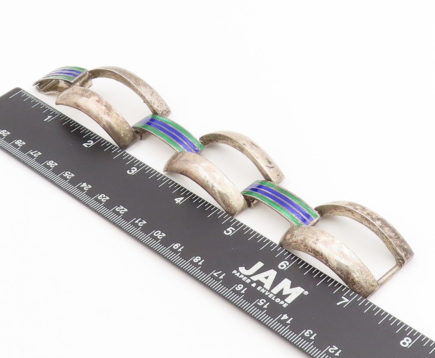 925 Sterling Silver Vintage Bracelet EUROPE Enamel Striped Panel Link  BT11522
