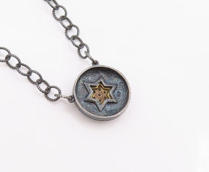 14k Gold 925 Sterling Silver Vintage Necklace Dark Tone Enameled CZ Star  NE4438