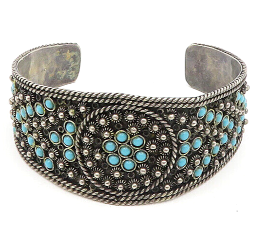 925 Sterling Silver  Vintage Antique Turquoise Ornate Cuff Bracelet  BT7500