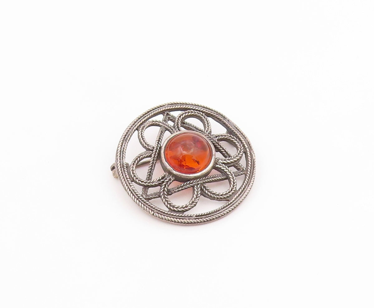 925 Sterling Silver  Vintage Cabochon Amber Wheat Floral Brooch Pin  BP4831
