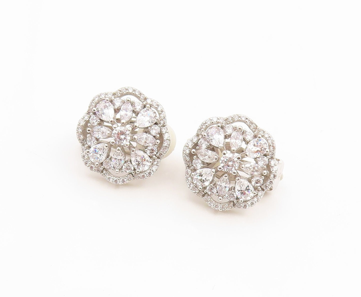 925 Sterling Silver Vintage Earrings Elegant CZ Floral Petal Clip On  EG14338
