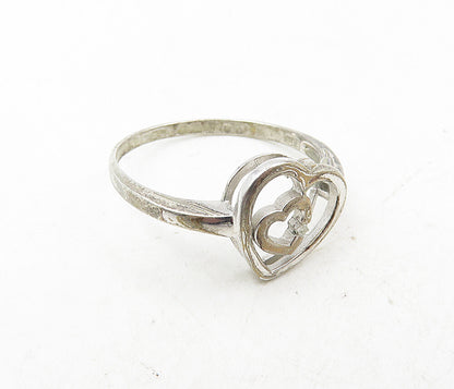 925 Sterling Silver  Vintage Genuine Diamond Heart Band Ring Sz 9.5  RG9095