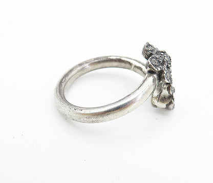 925 Sterling Silver  Vintage Dark Tone Floral Bypass Band Ring Sz 7  RG7490