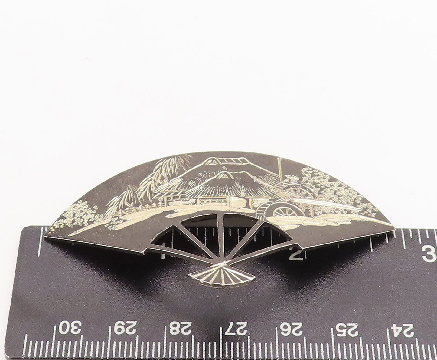 925 Sterling Silver Vintage Brooch Pin 1957 Japan Landscape Etched Fan  BP11090