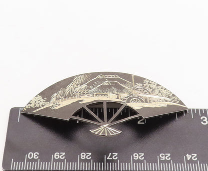 925 Sterling Silver Vintage Brooch Pin 1957 Japan Landscape Etched Fan  BP11090