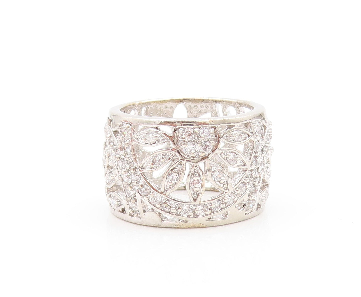 925 Sterling Silver Vintage Ring Modernist CZ Inlay Floral Design  Sz 6  RG31882