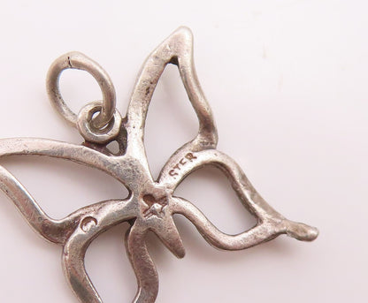 925 Sterling Silver Vintage Shiny Open Butterfly Motif Drop Pendant  PT18021