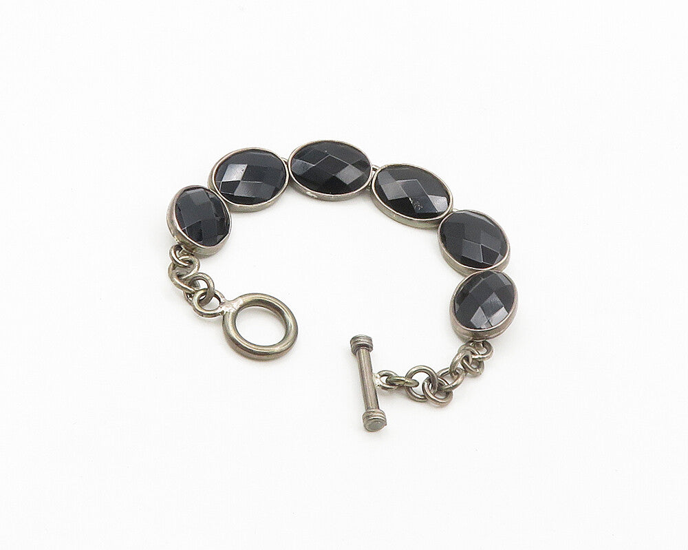 JRI MEXICO 925 Silver   Vintage Faceted Black Hematite Chain Bracelet  BT7202