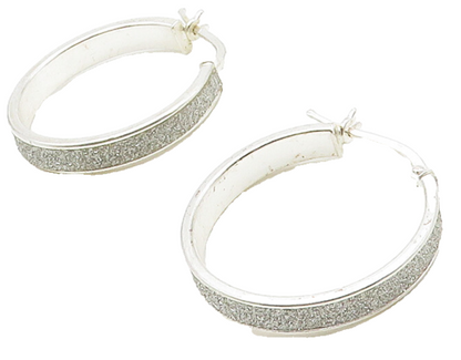 925 Sterling Silver  Sparkling Frosted Round Hoop Earrings  EG8347
