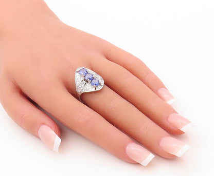 925 Sterling Silver Vintage Ring Bead Carved Sapphire & CZ Inlay  Sz 7  RG30942