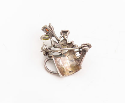 925 Sterling Silver Vintage Brooch Pearl & Multi Gemstone Watering Can  BP12026