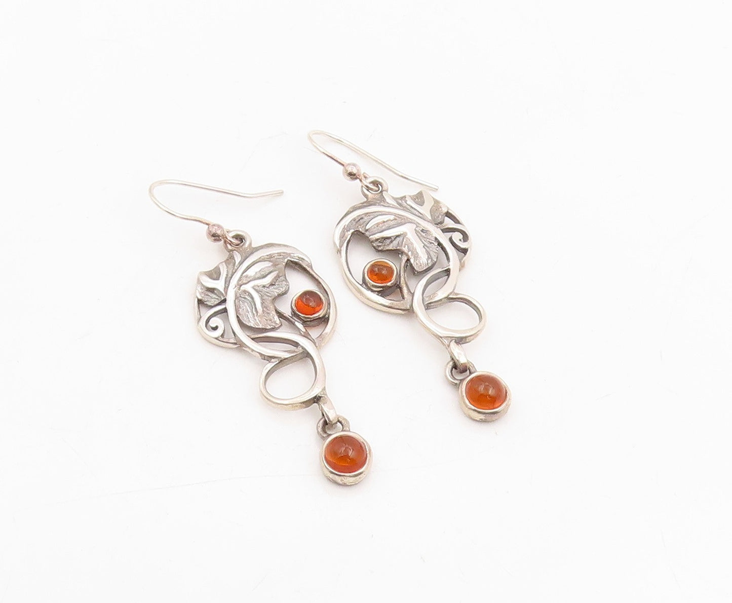 925 Sterling Silver Vintage Earrings Cabochon Amber Floral Leaf Motif  EG14076