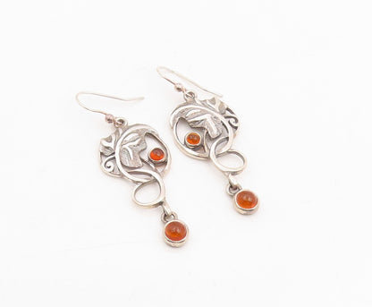 925 Sterling Silver Vintage Earrings Cabochon Amber Floral Leaf Motif  EG14076