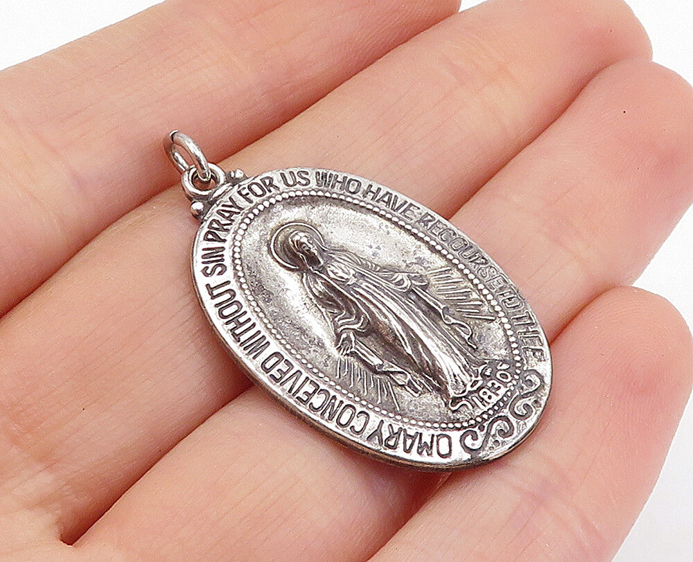 925 Sterling Silver Vintage Virgin Mary Religious Prayer Drop Pendant PT3411