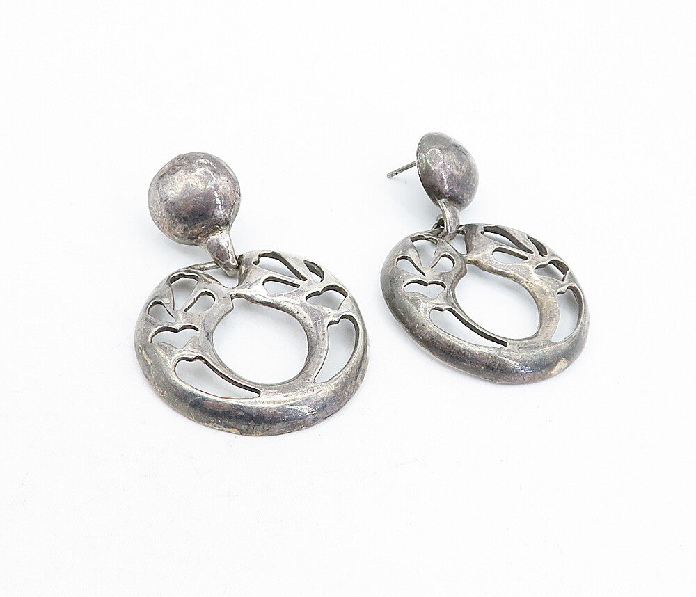 925 Sterling Silver  Vintage Dark Tone Cutout Design Drop Earrings  EG2633