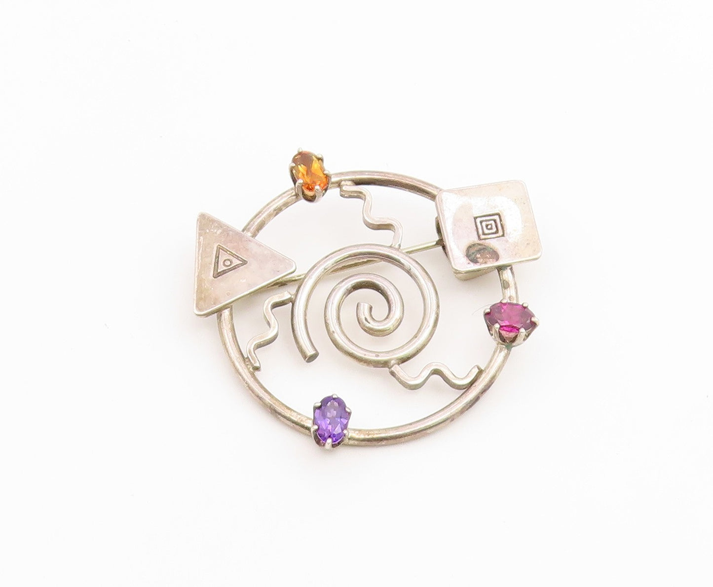 925 Sterling Silver Vintage Brooch Pin Multi Gemstone Geometric Galaxy  BP12649