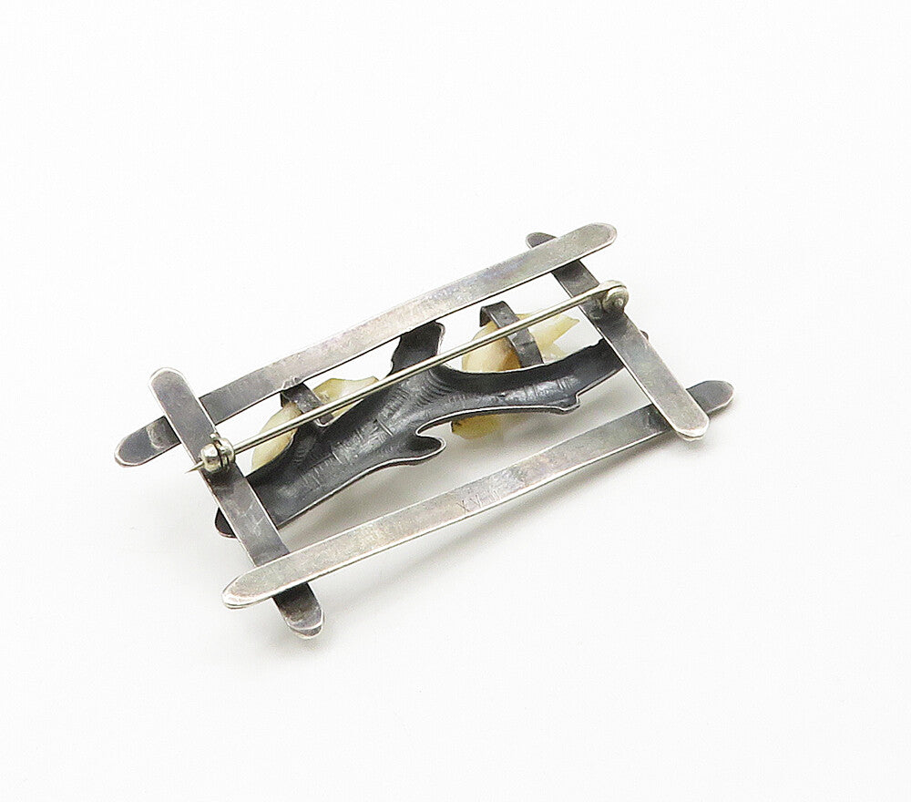 925 Sterling Silver  Vintage Mother Of Pearl Modernist Brooch Pin  BP6123