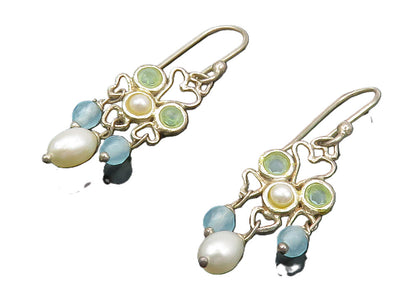 925 Sterling Silver  Vintage Pearl & Topaz Love Hearts Drop Earrings  EG6635