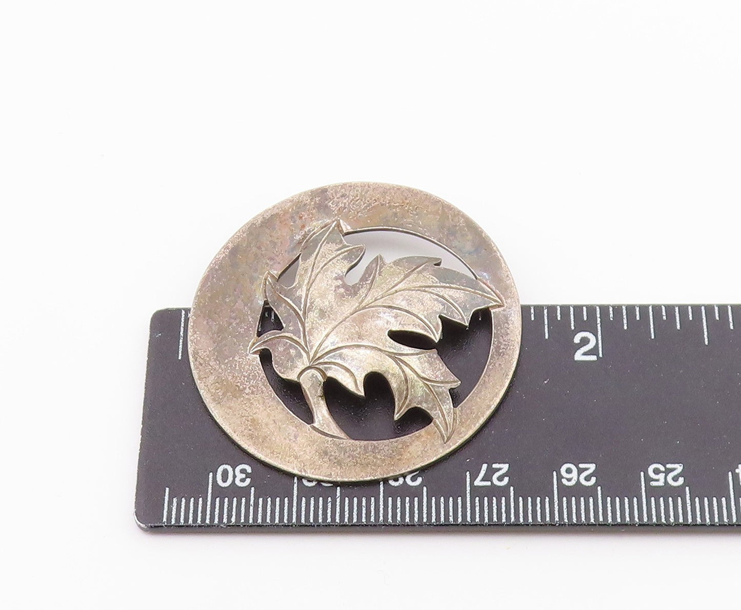 925 Sterling Silver  Vintage Dark Tone Autumn Leaf Round Brooch Pin  BP3240