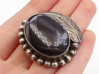 MEXICO 925 Sterling Silver  Vintage Black Onyx Floral Leaf Brooch Pin  BP1564