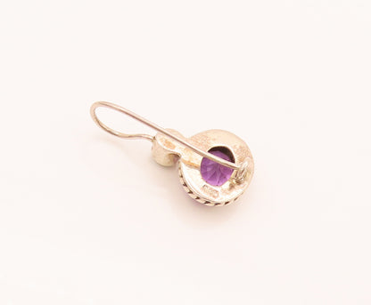 925 Sterling Silver  Vintage Amethyst Halo Roped Pearl Drop Earrings  EG12488