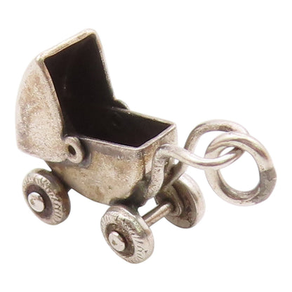 925 Sterling Silver  Vintage Baby Buggy Stroller Charm Pendant  PT21407