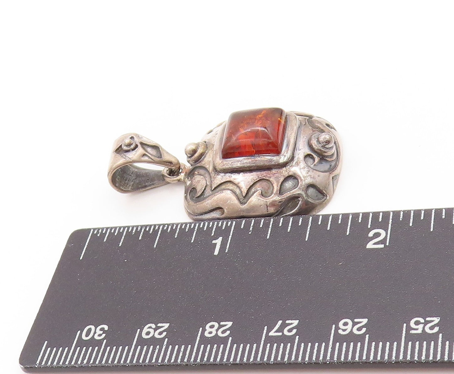 925 Sterling Silver Vintage Pendant SILPADA Swirly Carved Honey Amber  PT24198