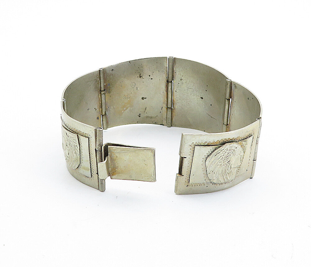 TAXCO MEXICO 925 Silver  Vintage Chief's Head Hinge Chain Bracelet  BT2688