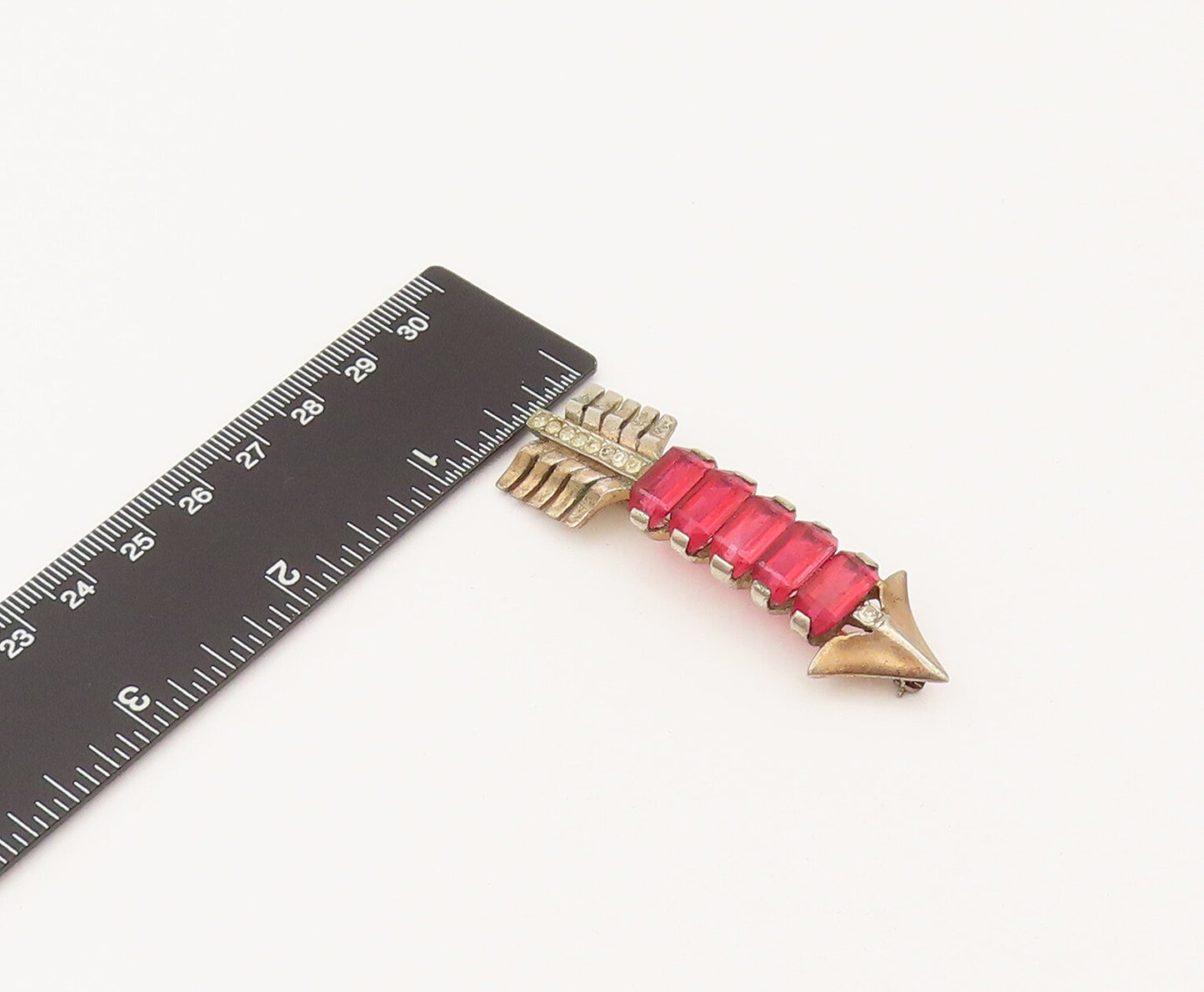 925 Sterling Silver Vintage Antique Red & White Topaz Arrow Brooch Pin BP10265