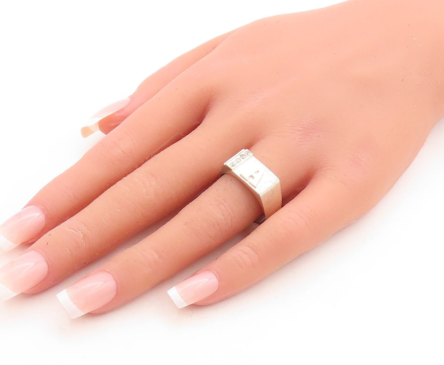 14k Gold 925 Sterling Silver Vintage Ring Solid Carved A CZ Inlay Sz 10 RG31521